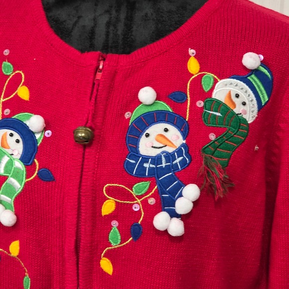 Tiara International Christmas Snowman Holiday Embroidered Red Cardigan L BA - Picture 2 of 9